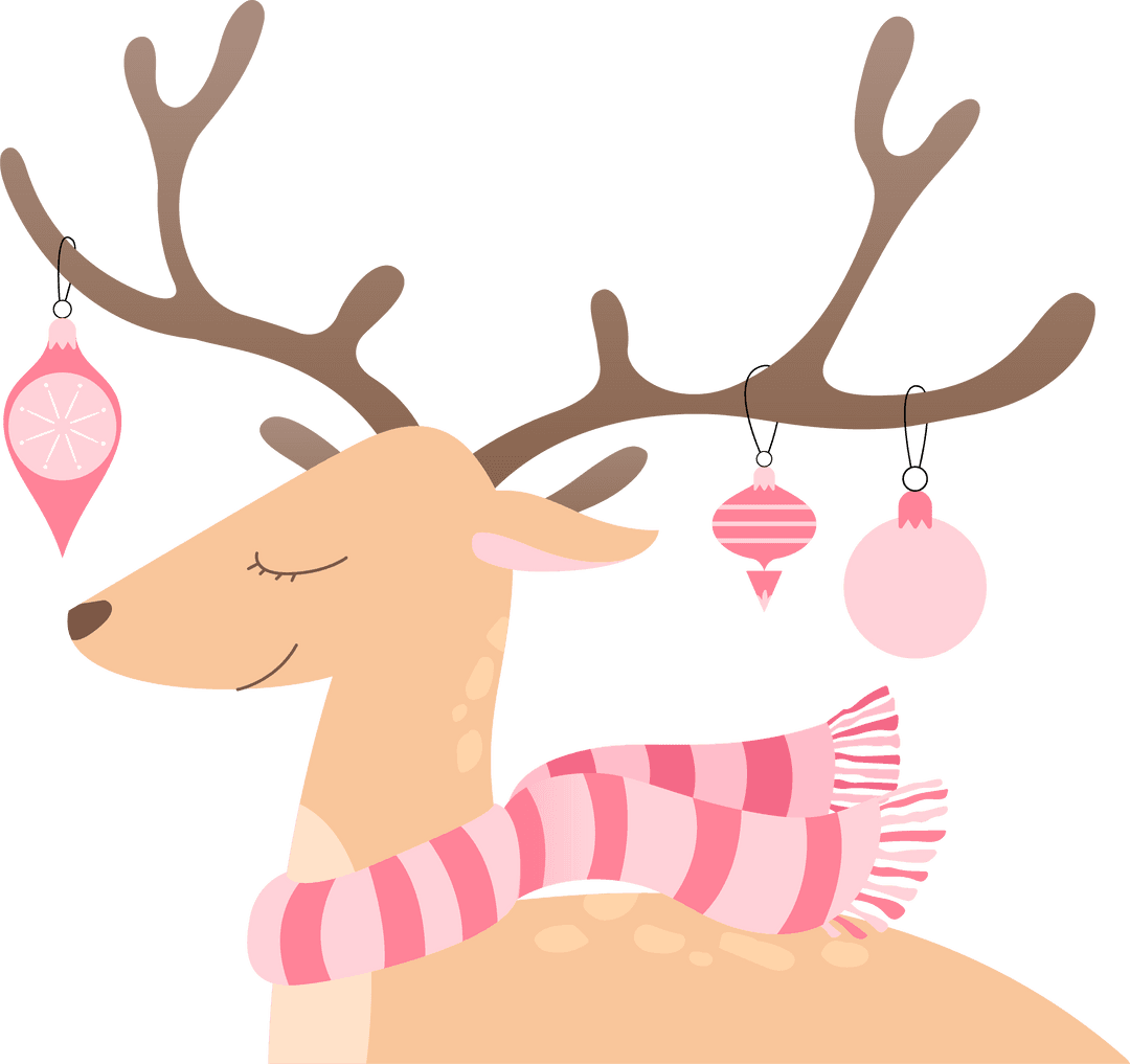 Cartoon Reindeer with Pink Scarf and Ornaments on Transparent Background