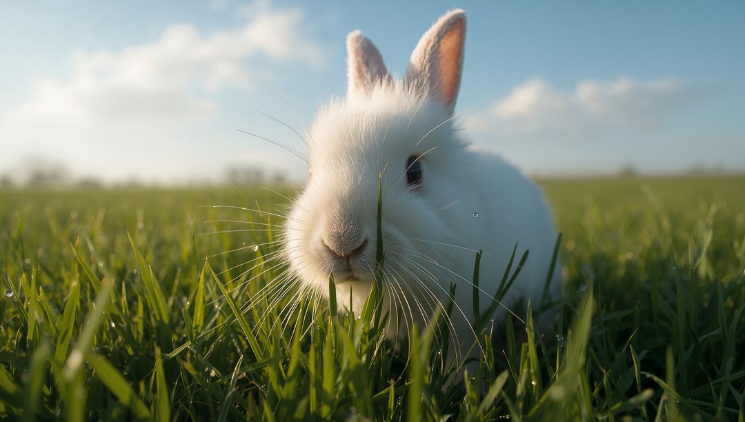 Sunlit white bunny exploring dewy meadow at sunrise, close-up low-angle with whiskers