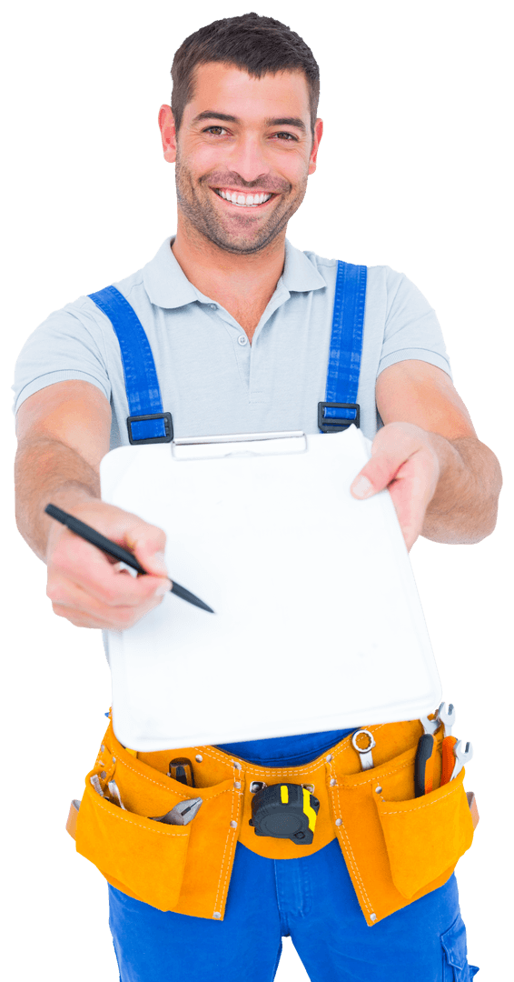 Smiling Handyman Offering Clipboard Transparent Background