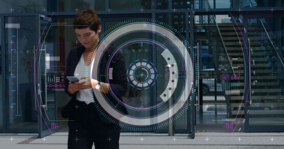 Futuristic Data Interface Hovering Over Woman Using Smartphone