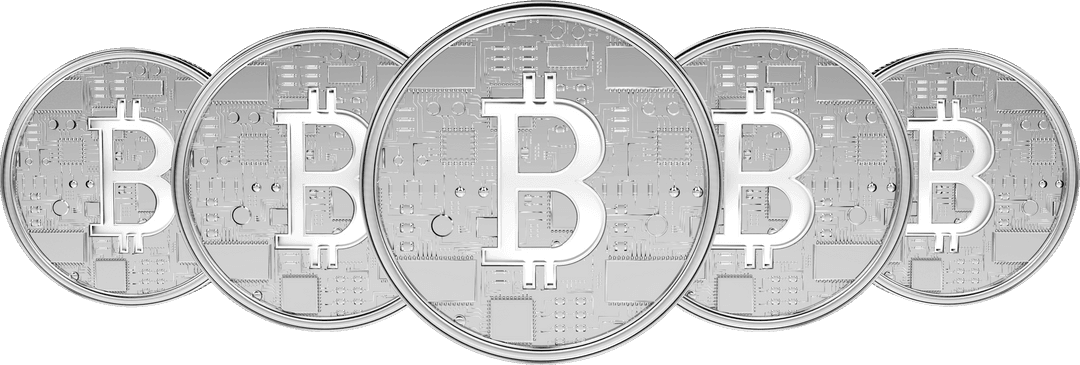 Transparent Silver Bitcoin Coins in a Row on Clear Background