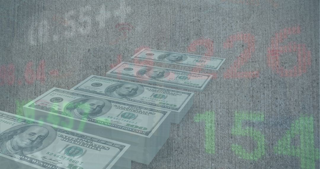 Stock Market Data Overlay on Dollar Bills Background
