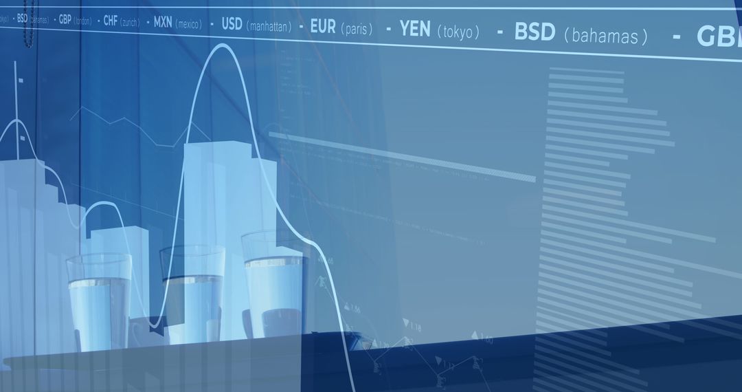 Global Finance Data Overlay with Glasses of Water Symbolism
