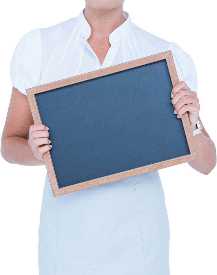 Businesswoman Holding Empty Chalkboard with Transparent Background