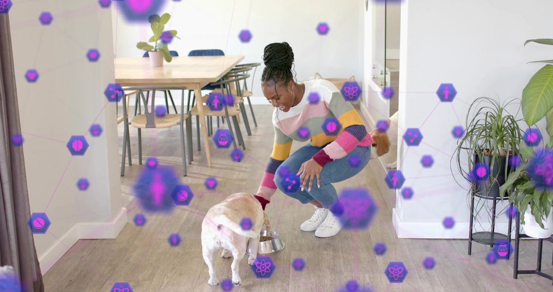 Joyful Woman Feeding Dog in Modern Home with Tech Overlay