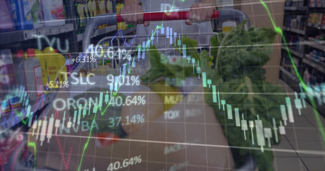 Overlay of Stock Market Graph and Shopping in Supermarket