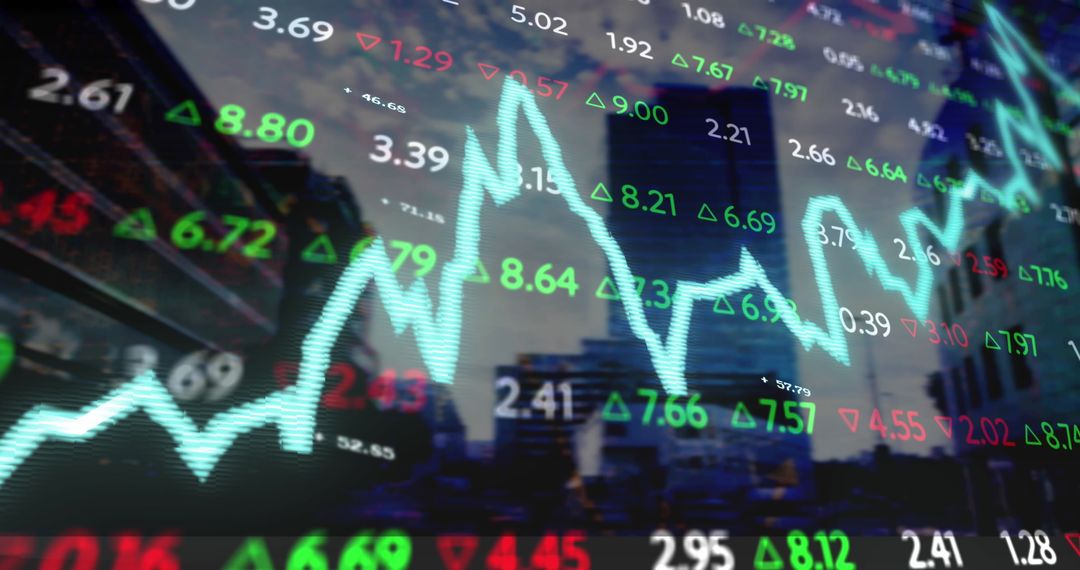 Stock Market Graphs Overlaying Urban Cityscape at Dusk