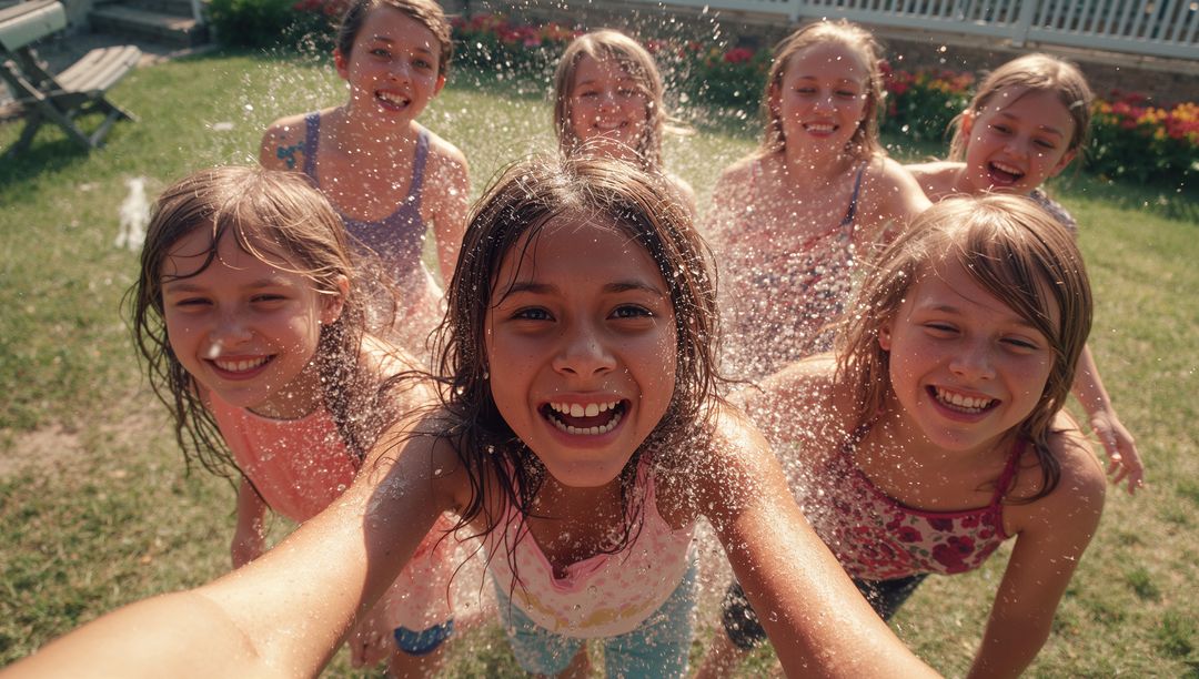 Group of Happy Girls Playing with Sprinkler on Sunny Day