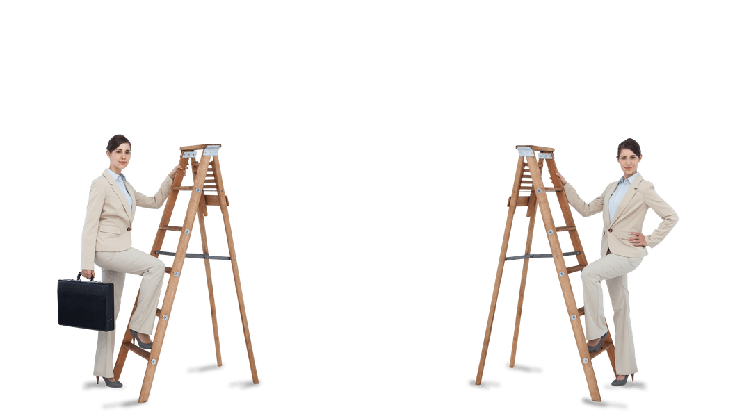 Transparent Businesswoman Climbing Ladder Symbolizing Growth and Ambition