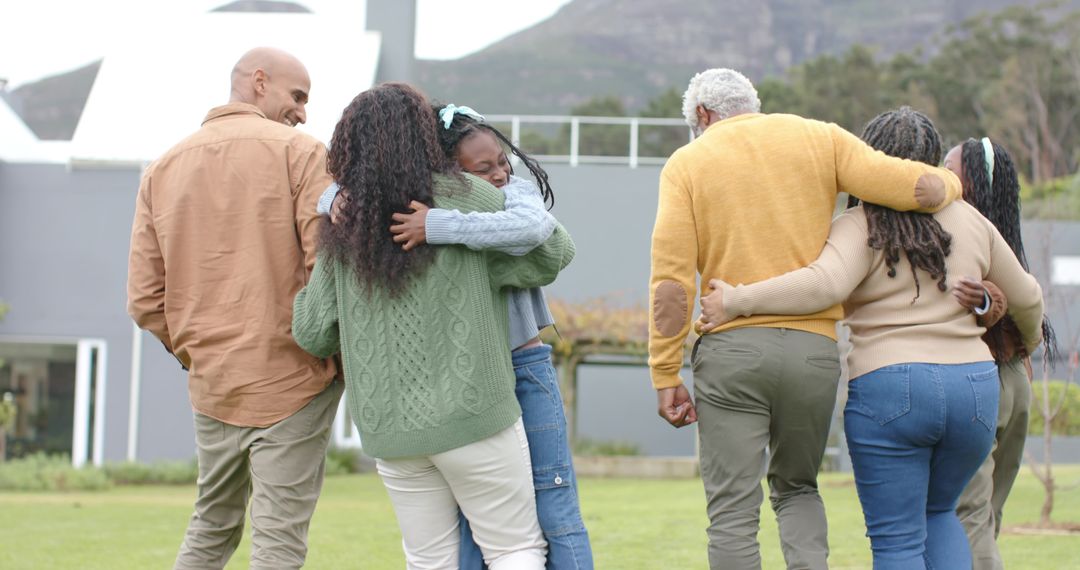 Multigenerational family walking, hugging and linking arms on lawn sharing warm moment