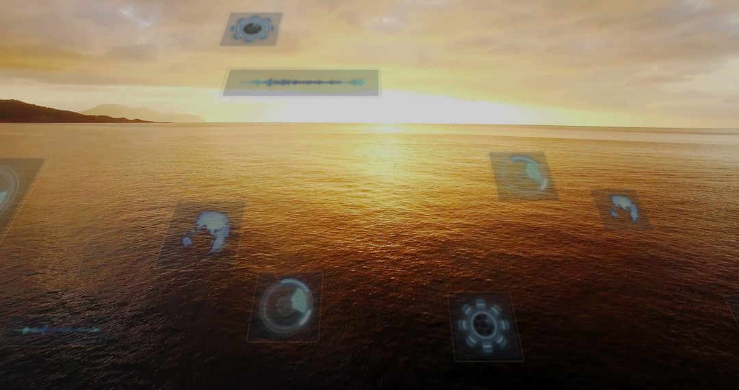 Golden Ocean at Sunset with Futuristic Holographic Overlays