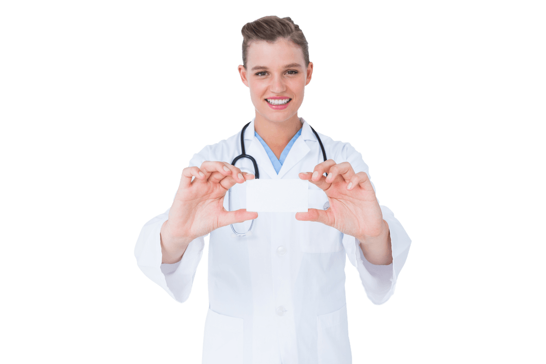 Smiling Female Doctor Holding Transparent Card
