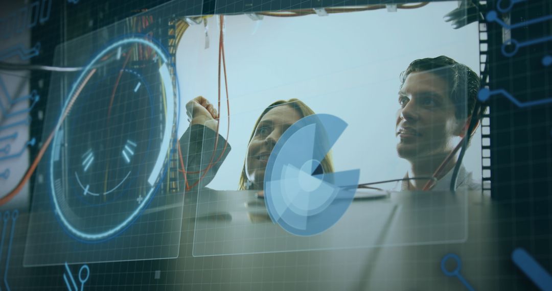 Innovative Science Discussion with Futuristic Technology Overlay