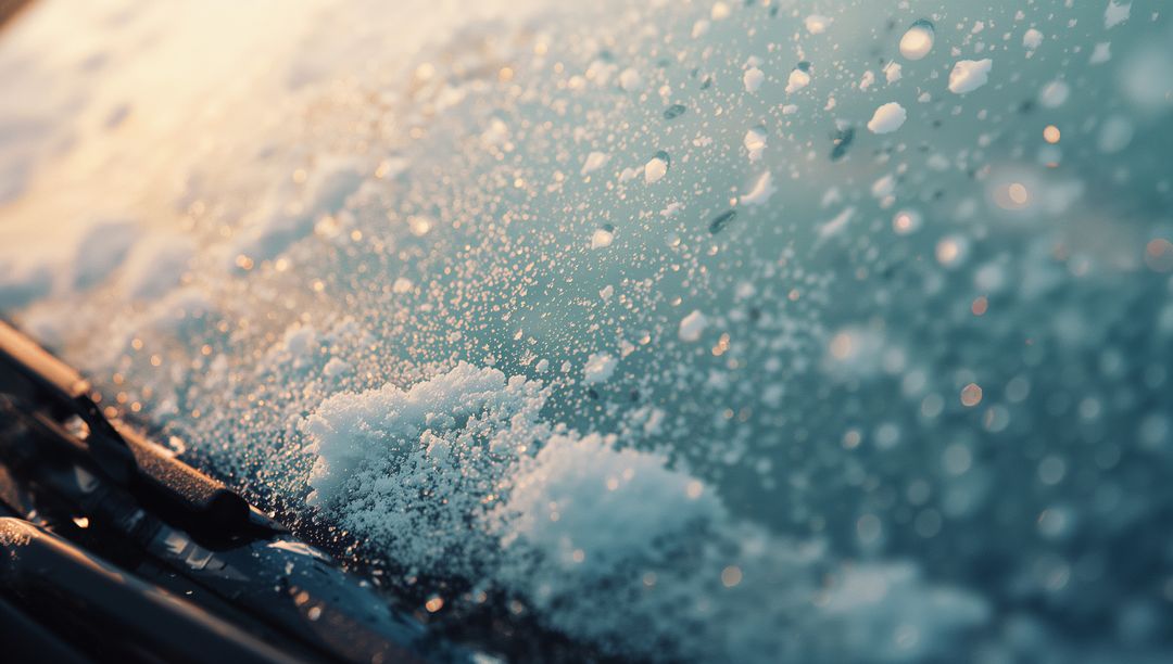 Winter Windshield with Melting Snow and Water Droplets