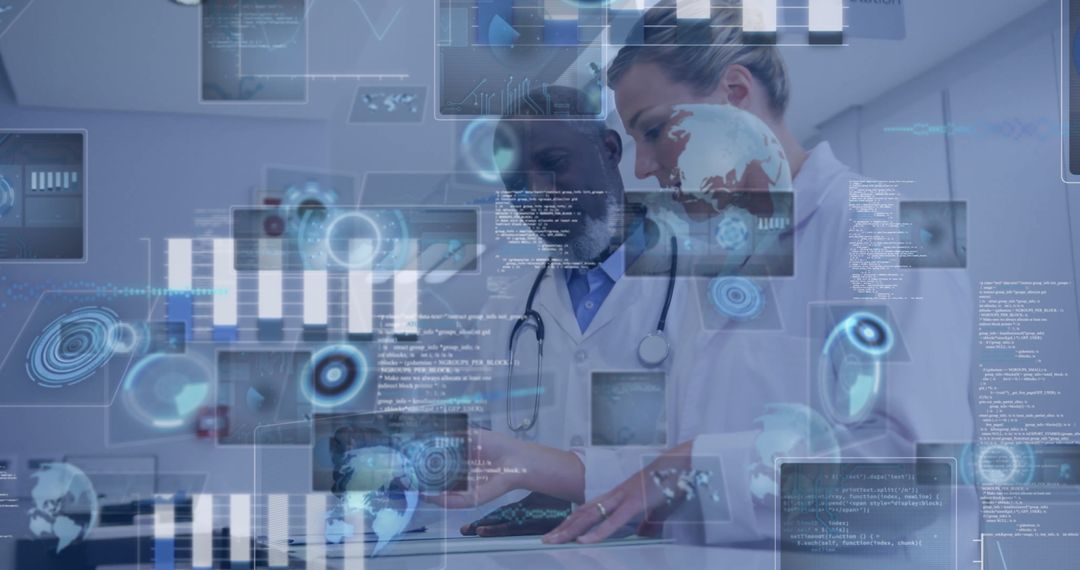 Doctors Analyzing Medical Data with Futuristic Technology Interface