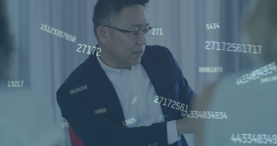 Digital Interface with Businessman Analyzing Data