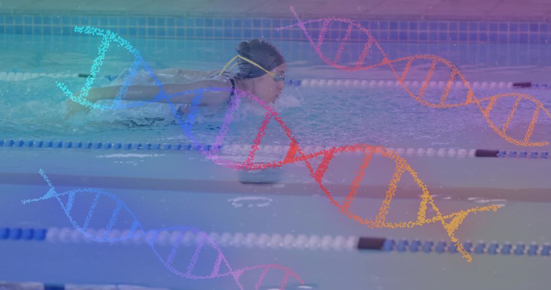 Swimmer in Butterfly Stroke with DNA Overlay at Indoor Pool