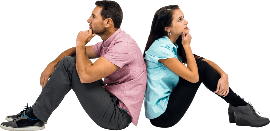 Transparent Thoughtful Couple Sitting Back to Back Pondering Ideas