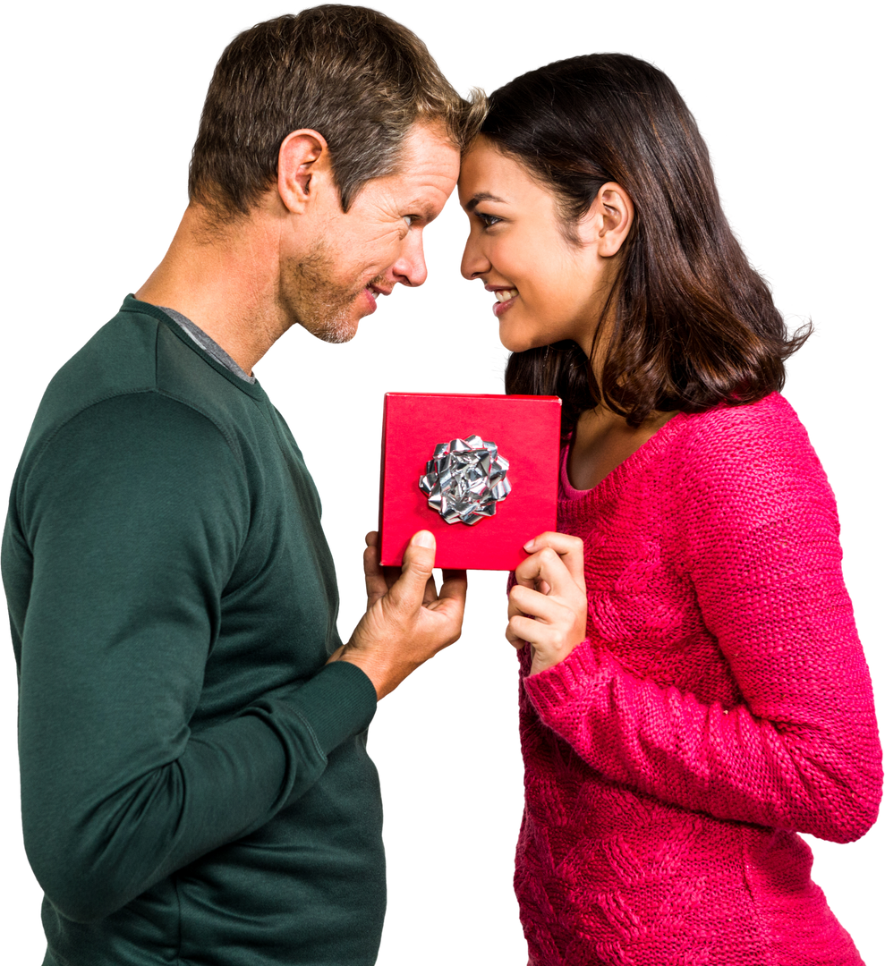 Transparent Cheerful Couple Holding Gift Box In Warm Sweaters & Romantic Pose - Download Free Stock Images Pikwizard.com