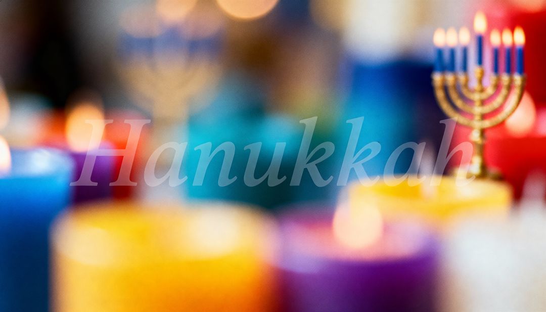 Warm Hanukkah Candlelight Bokeh Featuring Colorful Pillar Candles and Lit Menorah