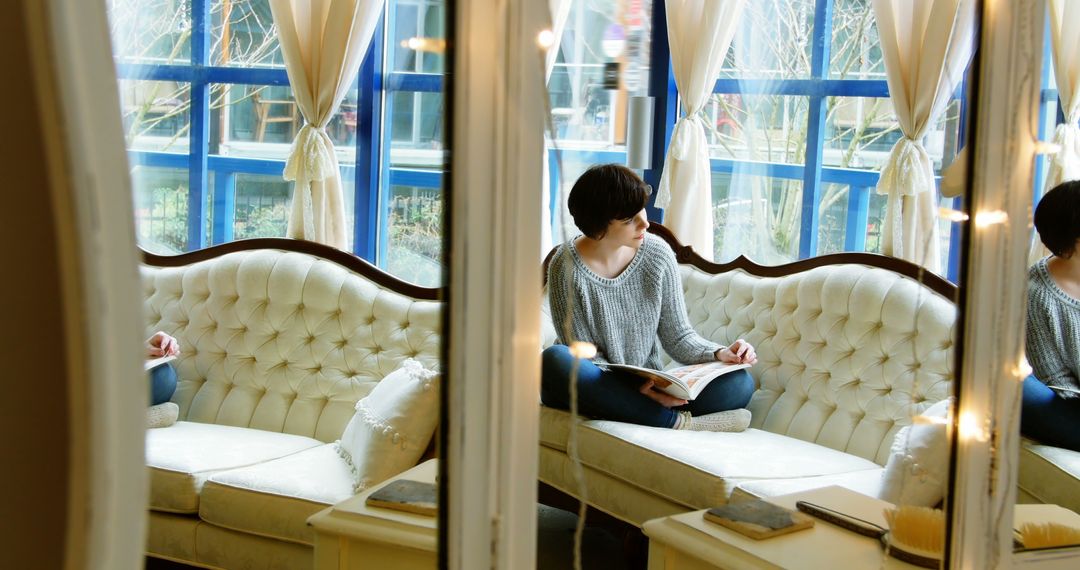 Reflective Woman Reading Book on Vintage Sofa in Bright Room - Free Images, Stock Photos and Pictures on Pikwizard.com