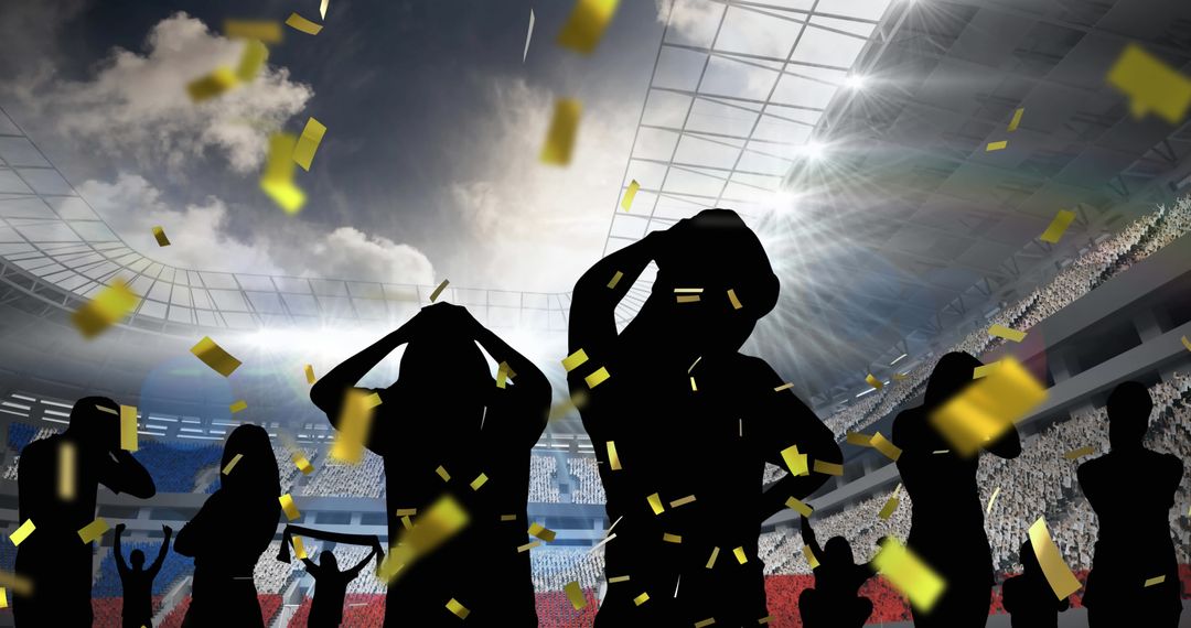 Silhouetted Fans Disappointed with Fall of Golden Confetti in Stadium