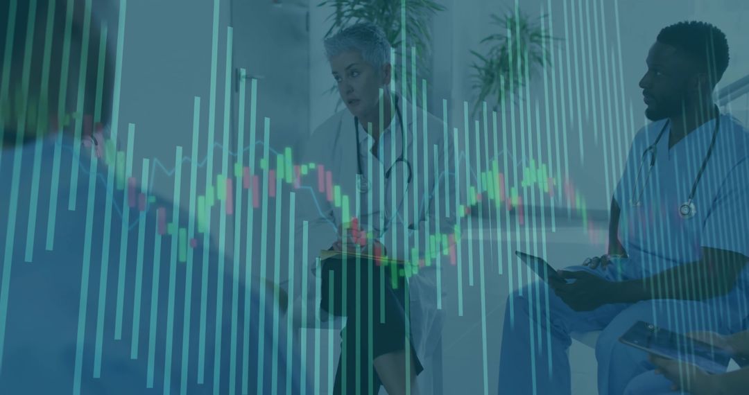 Medical Professionals Analyzing Data with Digital Graph Overlay