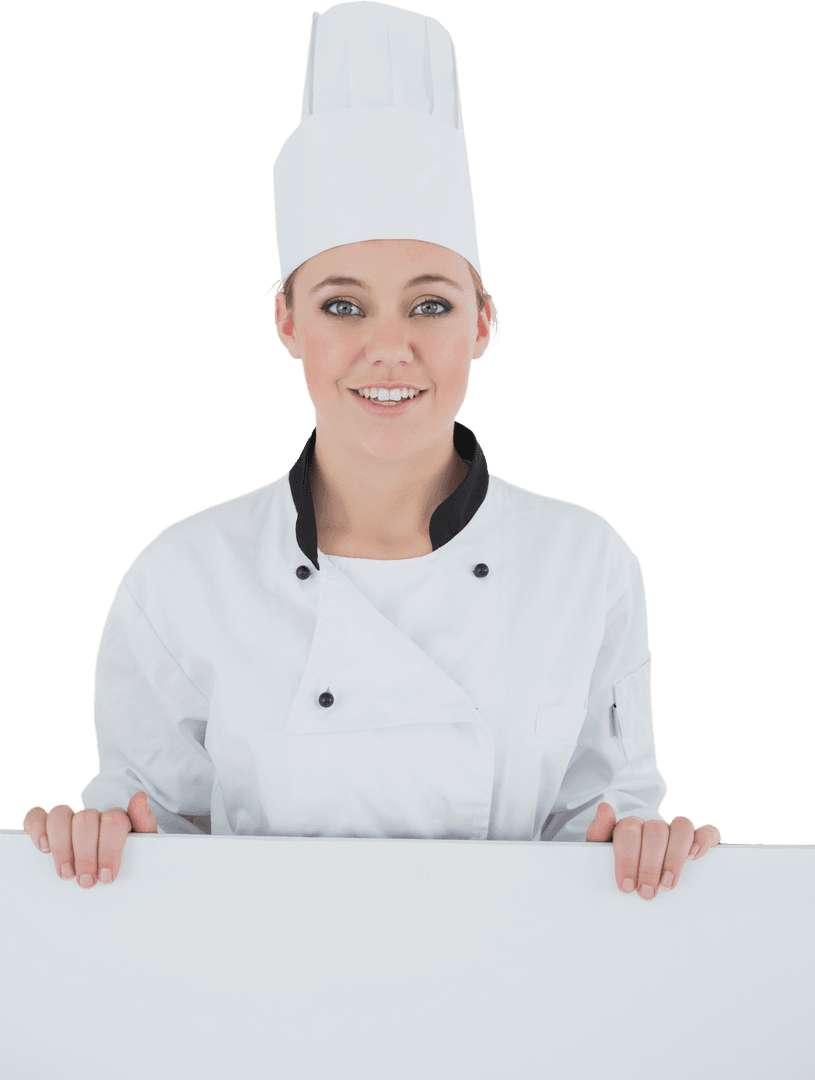 Transparent Portrait of Chef in Uniform Holding Blank Board