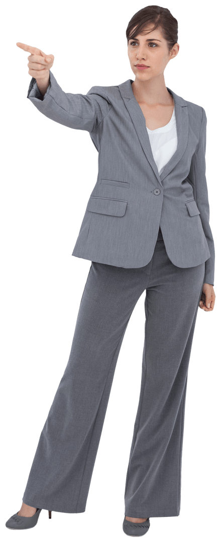 Transparent Businesswoman Pointing Forward in Gray Suit
