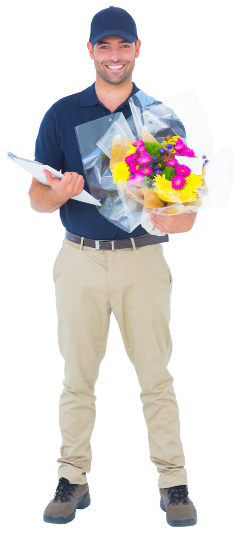 Smiling Flower Delivery Man in Uniform Holding Bouquet and Clipboard with Transparent Background - Download Free Stock Images Pikwizard.com