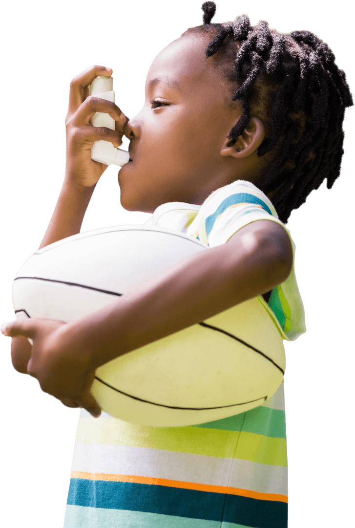 Child Holding Volleyball Using Asthma Inhaler Transparent Background