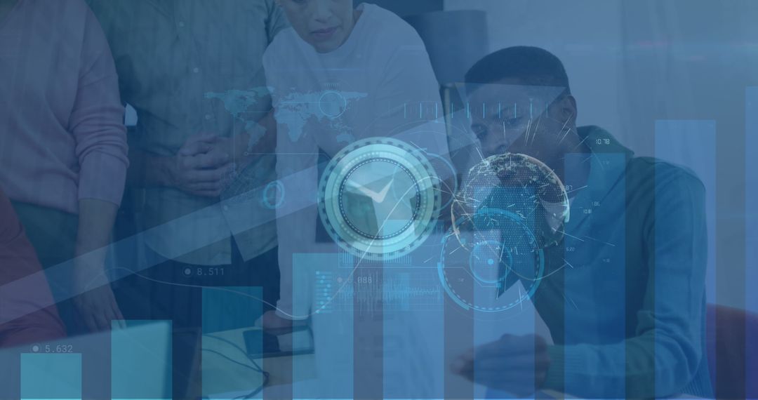 Team Analyzing Data with Futuristic Holographic Charts in Office