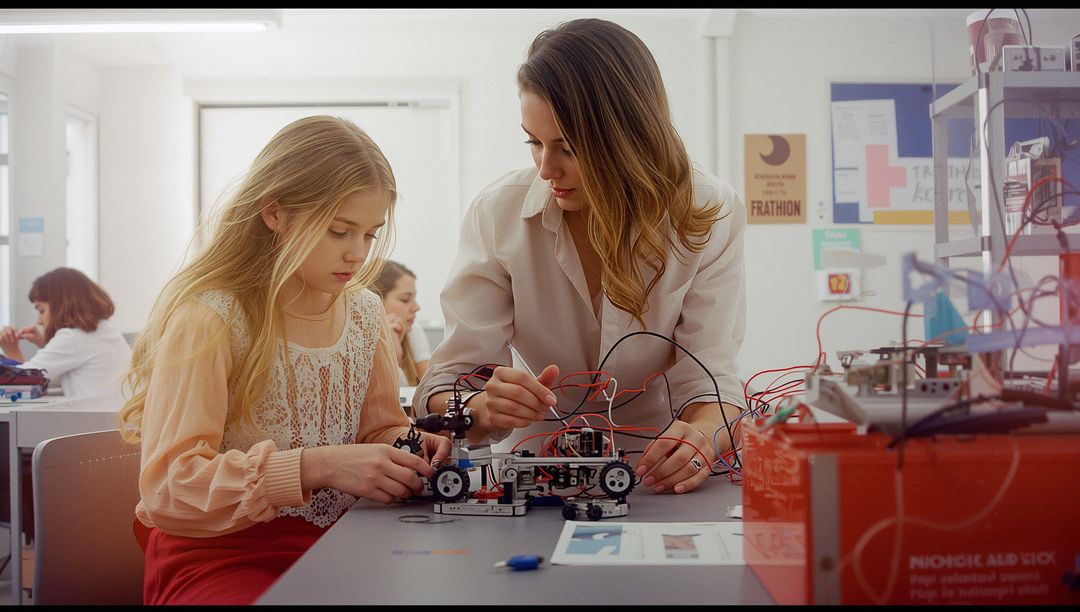 Teacher and Student Collaborating on Robotics Project in STEM Lab