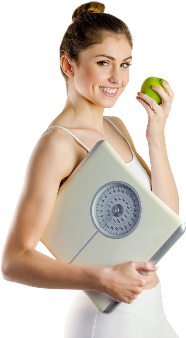 Slim Woman Holding Scales and Green Apple Smiling - Download Free Stock Images Pikwizard.com