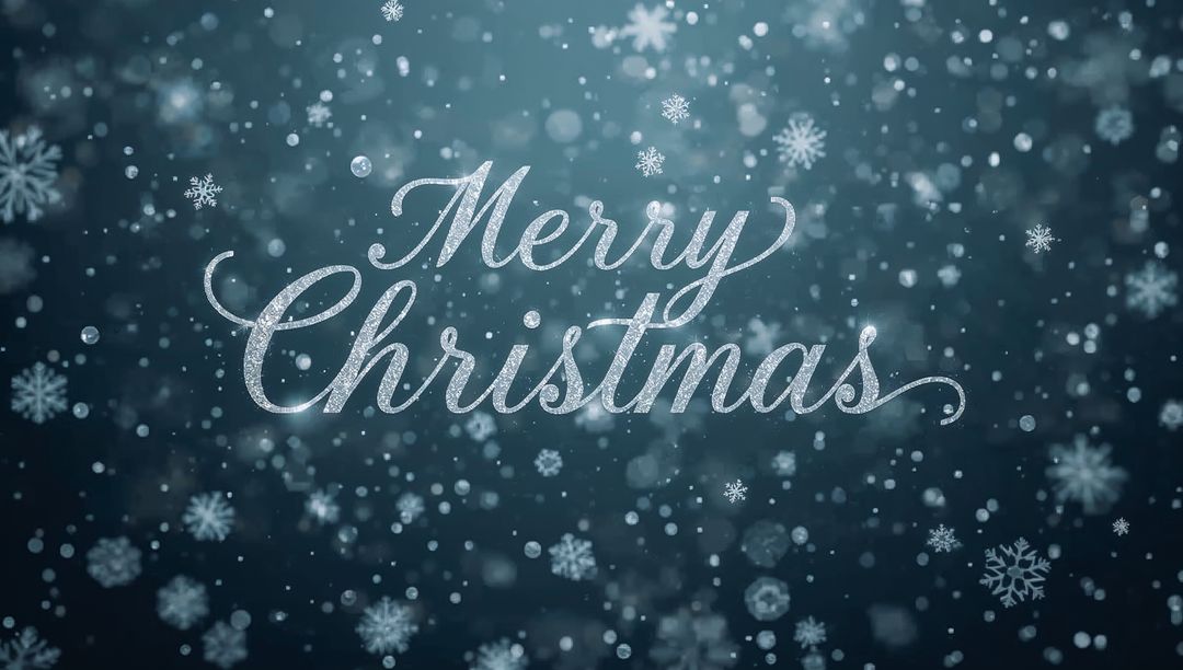 Silver Glitter Merry Christmas Calligraphy on Teal-Navy Snowflake Bokeh Backdrop