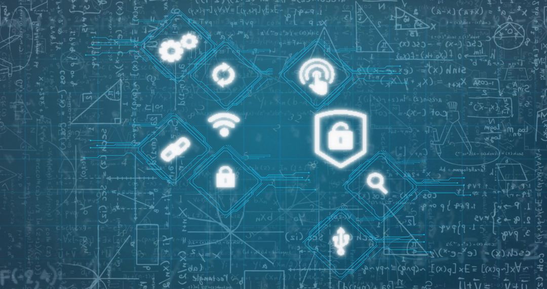 Cybersecurity Icons with Blueprint Overlay on Blue Background