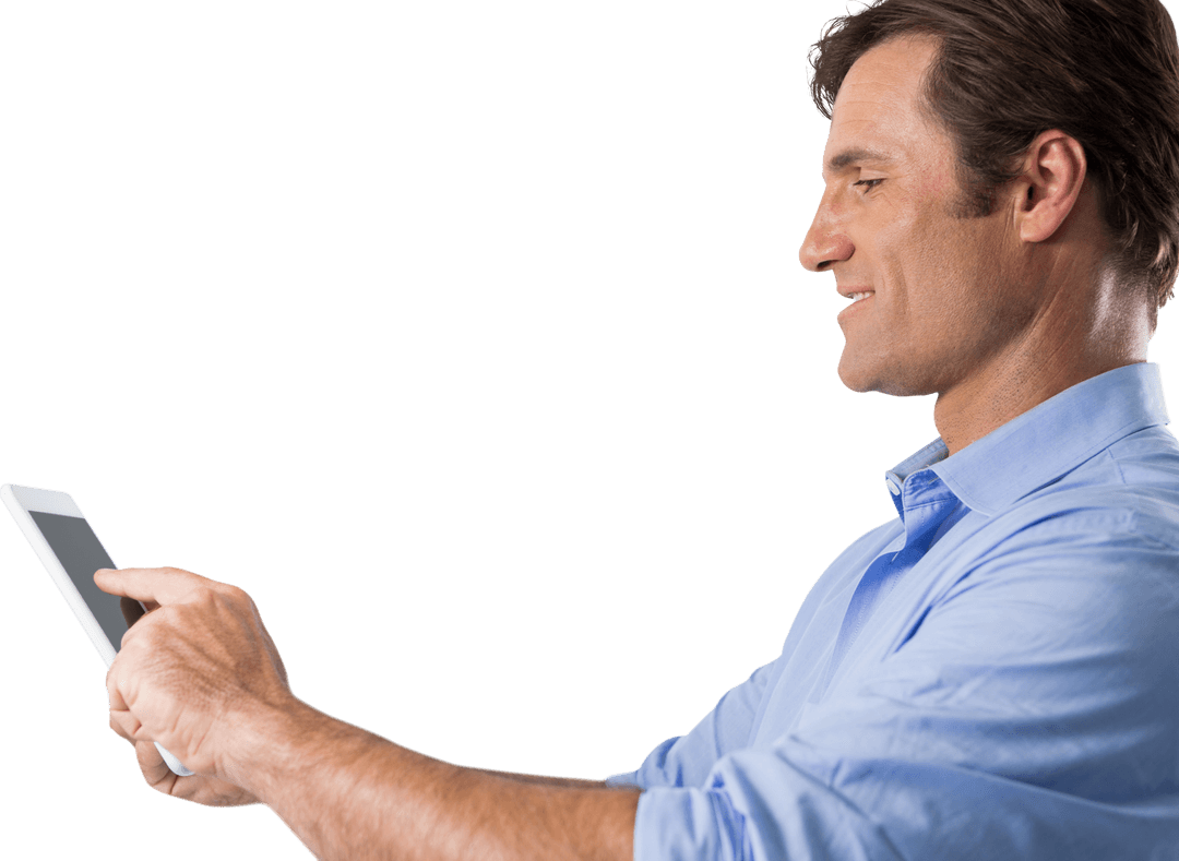 Man in Blue Shirt Using Digital Tablet on Transparent Background
