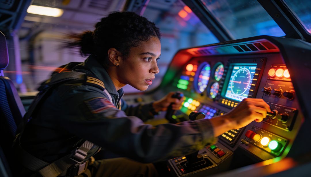 Female Pilot Adjusting Controls While Piloting High-Tech Aircraft Cockpit