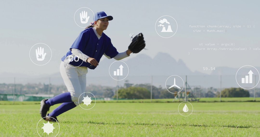 Baseball Player in Blue Jersey Fielding with Data Visualizations