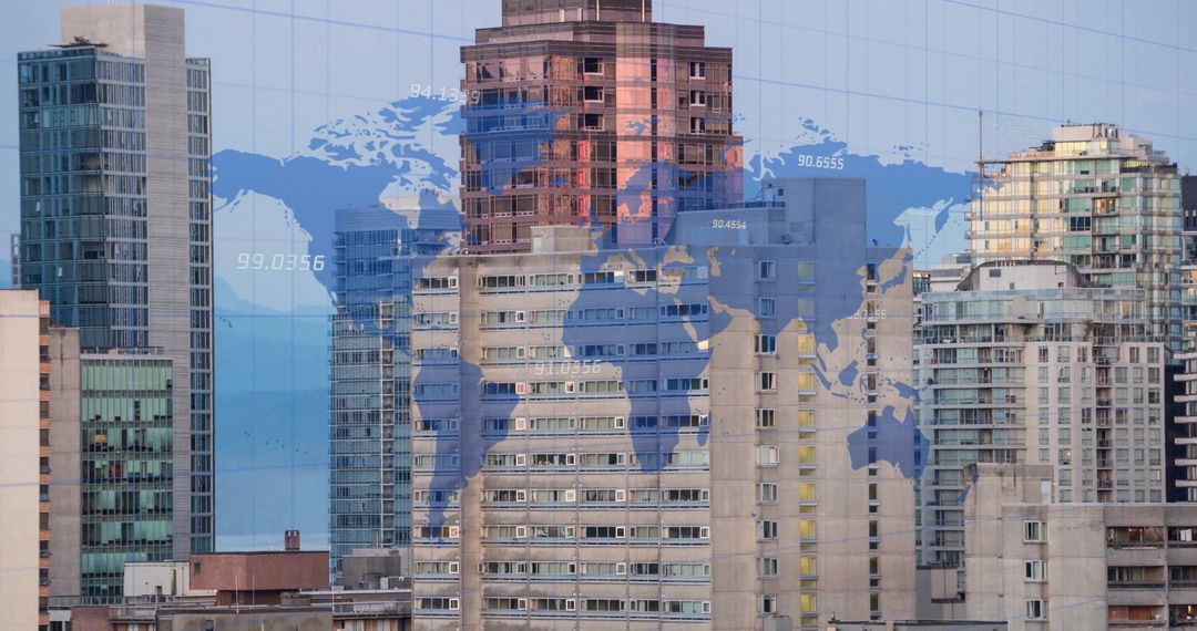 Global Finance Concepts with World Map Superimposed on Cityscape