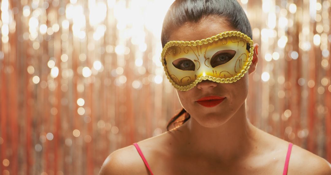 Person Wearing Golden Masquerade Eye Mask Against Shimmering Backdrop - Free Images, Stock Photos and Pictures on Pikwizard.com