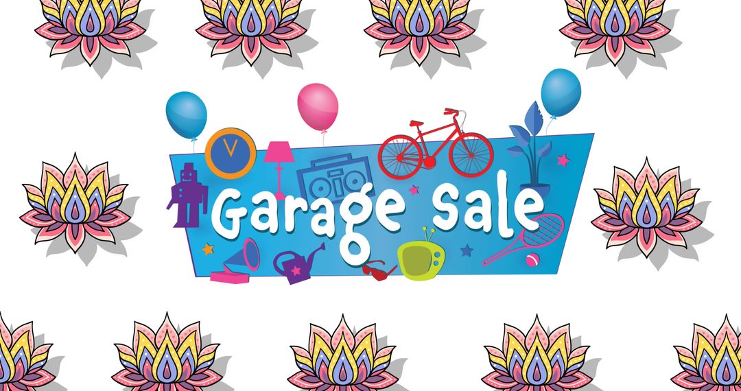 Vibrant Banner for Garage Sale Event with Decorative Design Elements