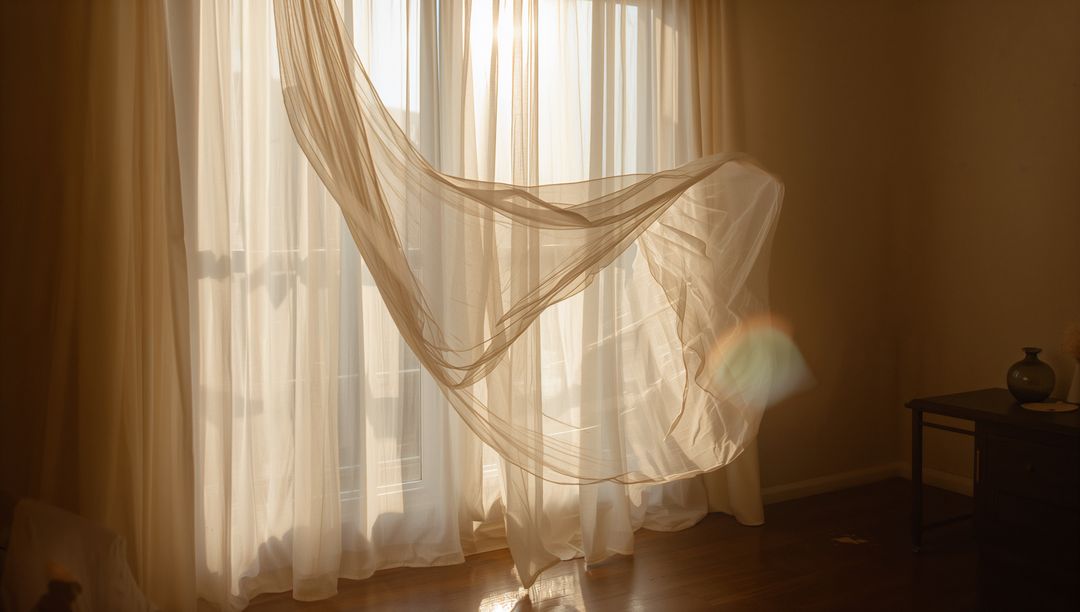 Sunlit Sheer Curtain Billowing Over Hardwood Floor with Soft Amber Glow and Lens Flare