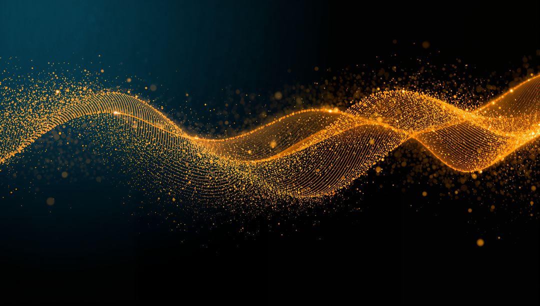 Flowing Golden Particle Ribbon Undulating Across Dark Digital Backdrop