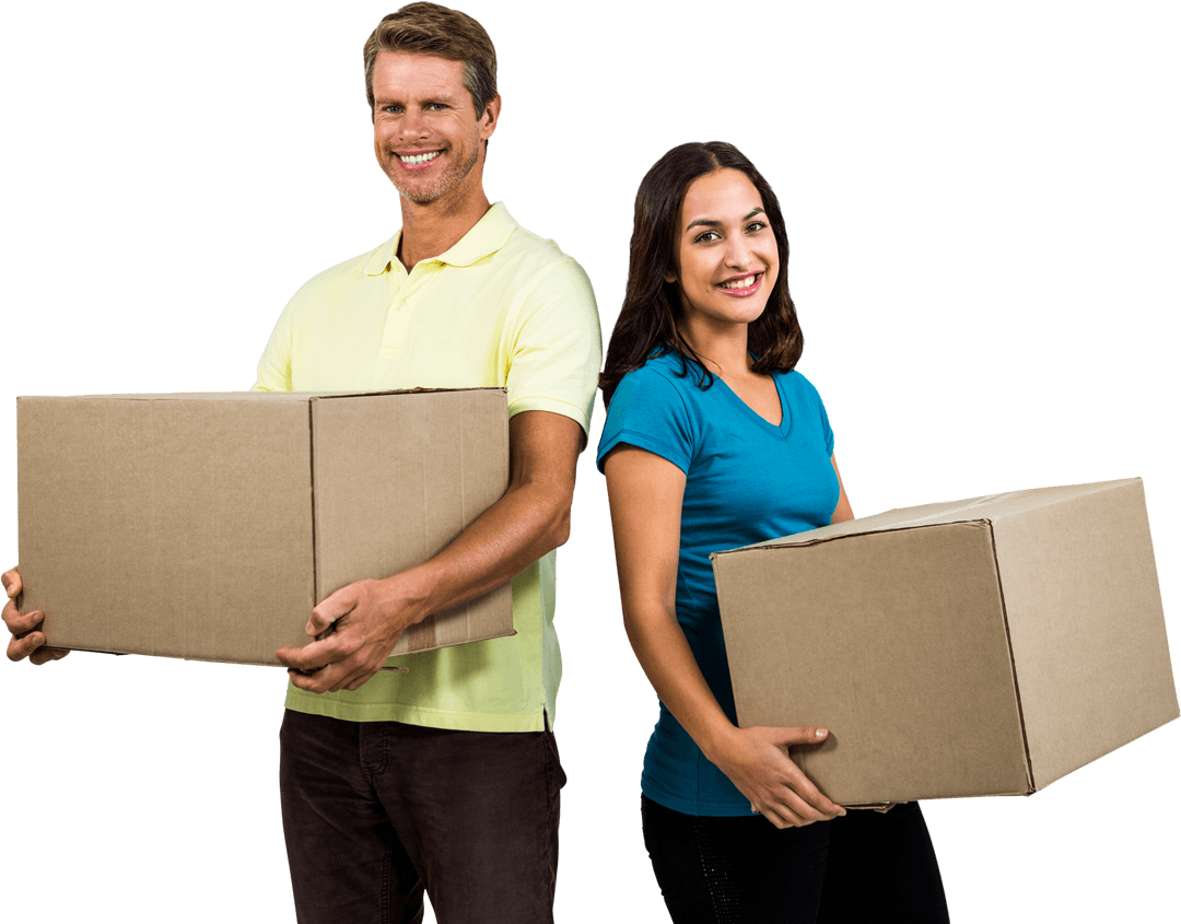 Smiling Couple Carrying Cardboard Boxes with Transparent Background
