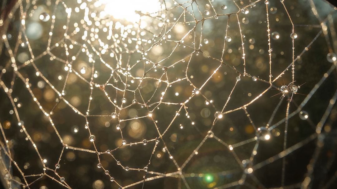 Glowing Web with Dew Drops against Morning Sunlight