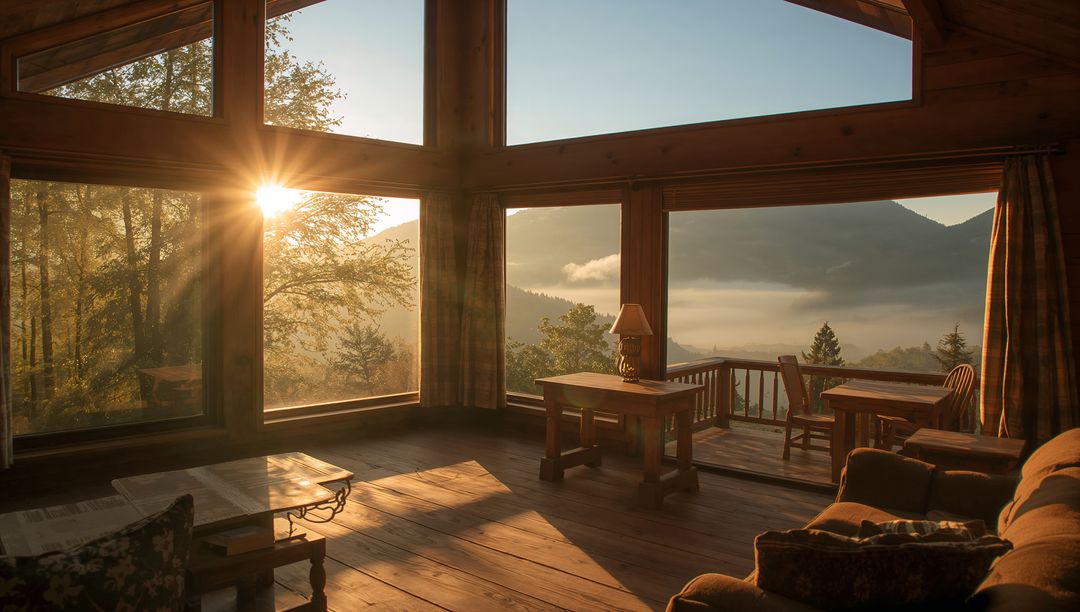 Golden Morning Light in Rustic Mountain Cabin with Panoramic Floor-to-Ceiling Windows