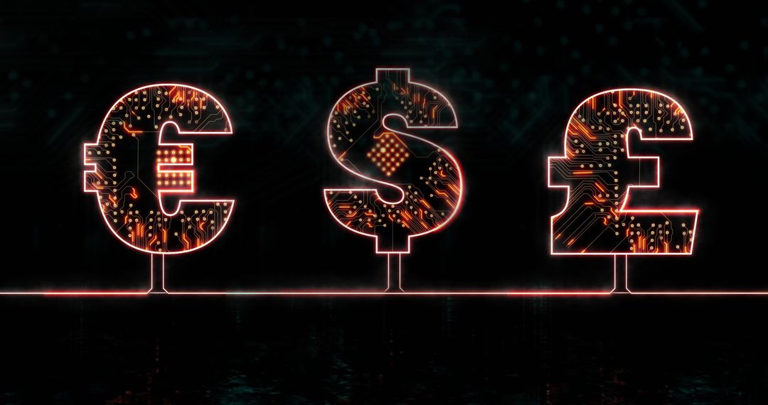 Glowing Currency Symbols with Circuit Board and Data Concept