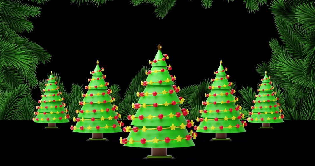 Stylized Christmas Trees on Black Background with Pine Border