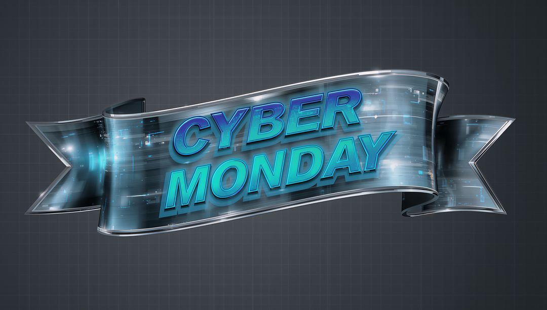 Futuristic Cyber Monday Chrome Ribbon Banner with Neon Turquoise Circuit Glow